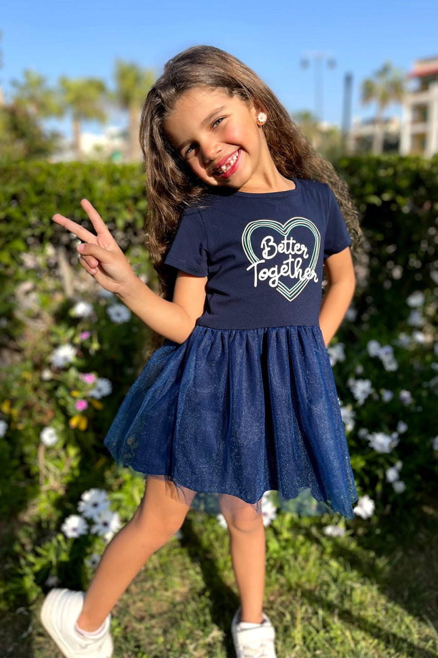 Girls' puffy dress with Hearts printed - Navy  - front view