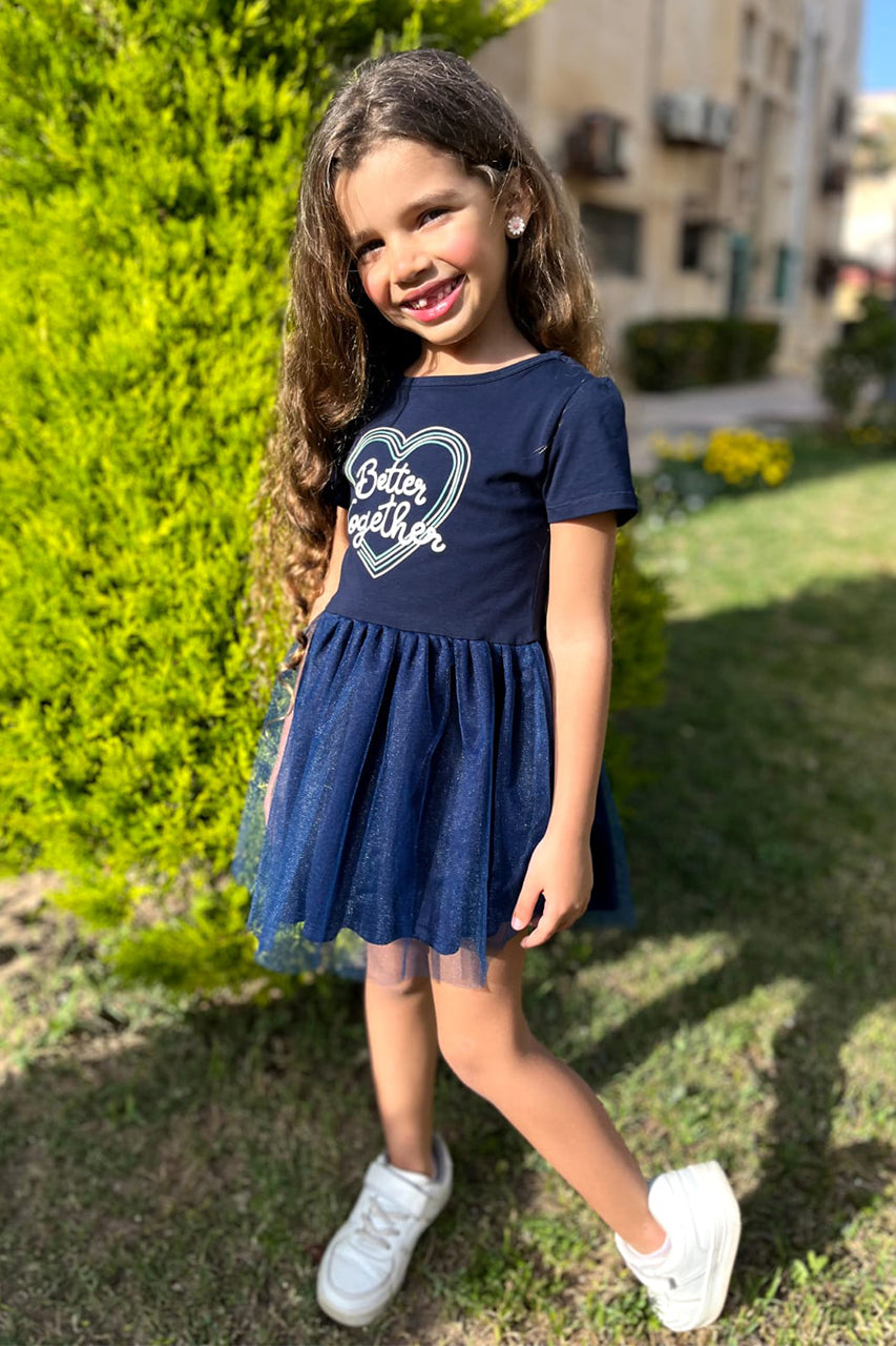Girls' puffy dress with Hearts printed - Navy - side view