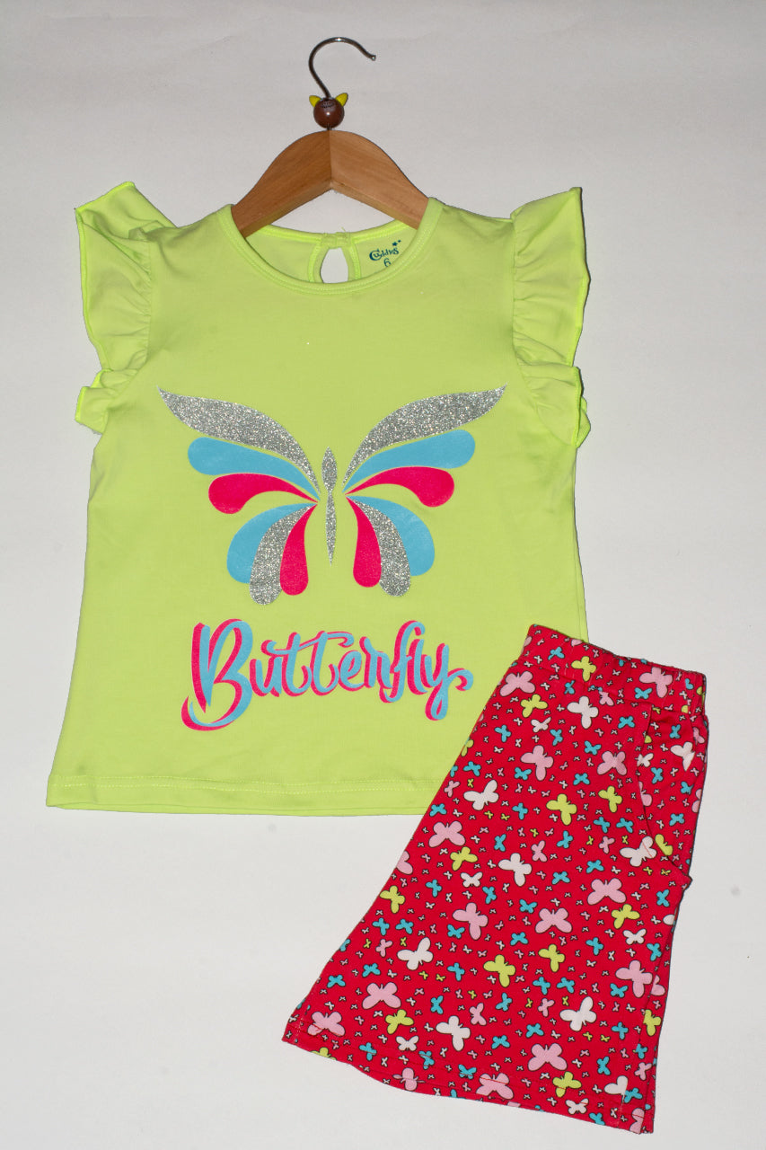 Girls cotton Short pajamas with light green butterfly printed - 2 pieces