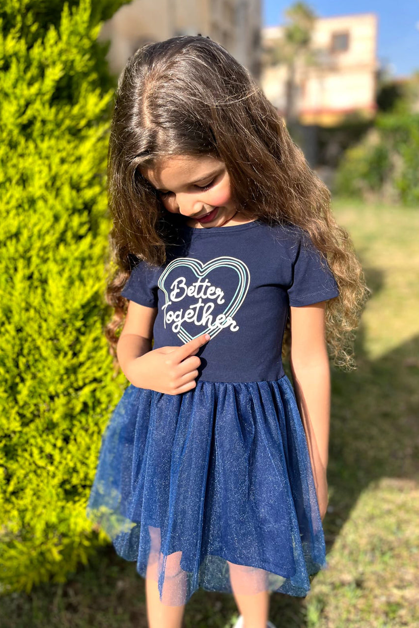 Girls' puffy dress with Hearts printed - Navy