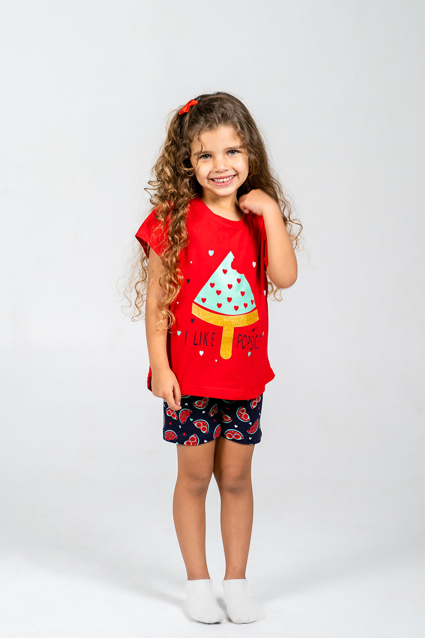 Girls short pajamas Cotton & short sleeves - Watermelon red - front view