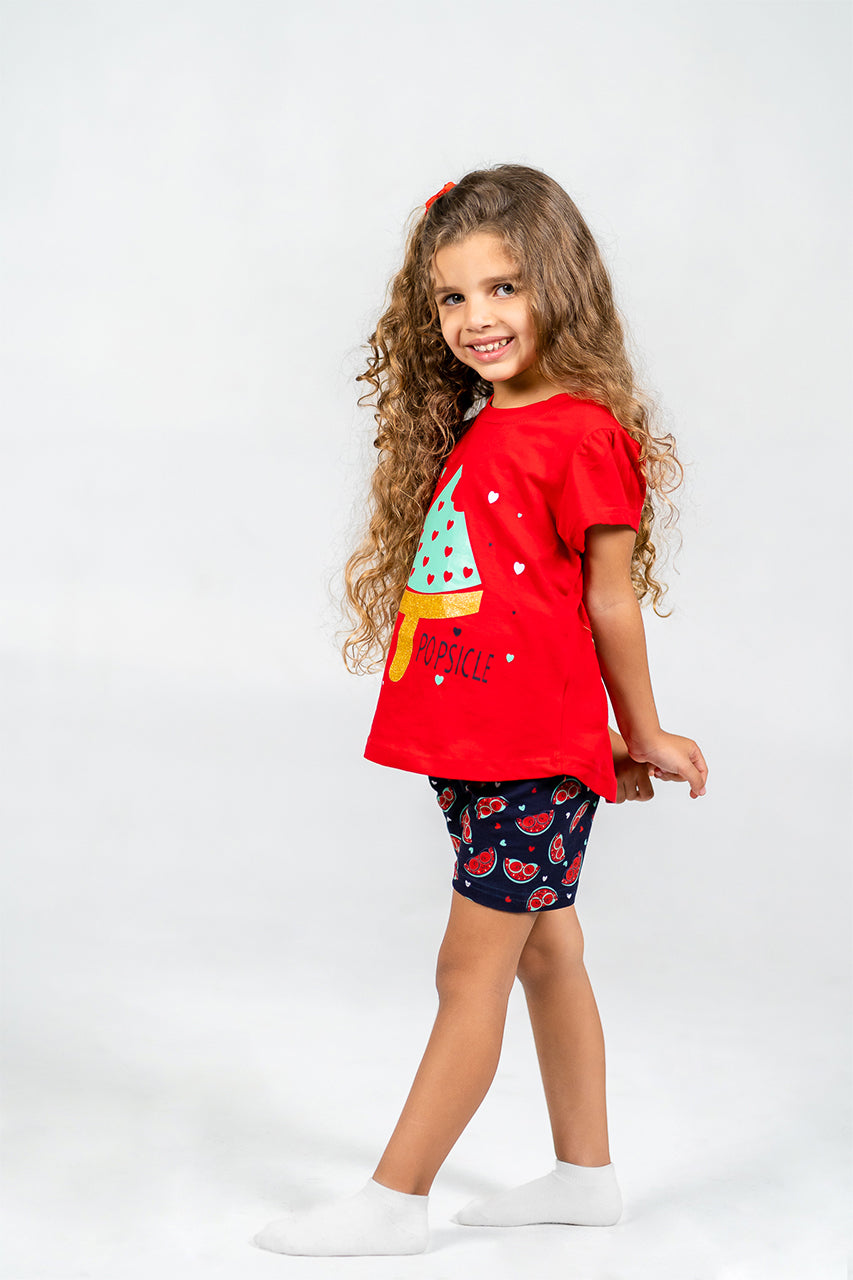 Girls short pajamas Cotton & short sleeves - Watermelon red - side view