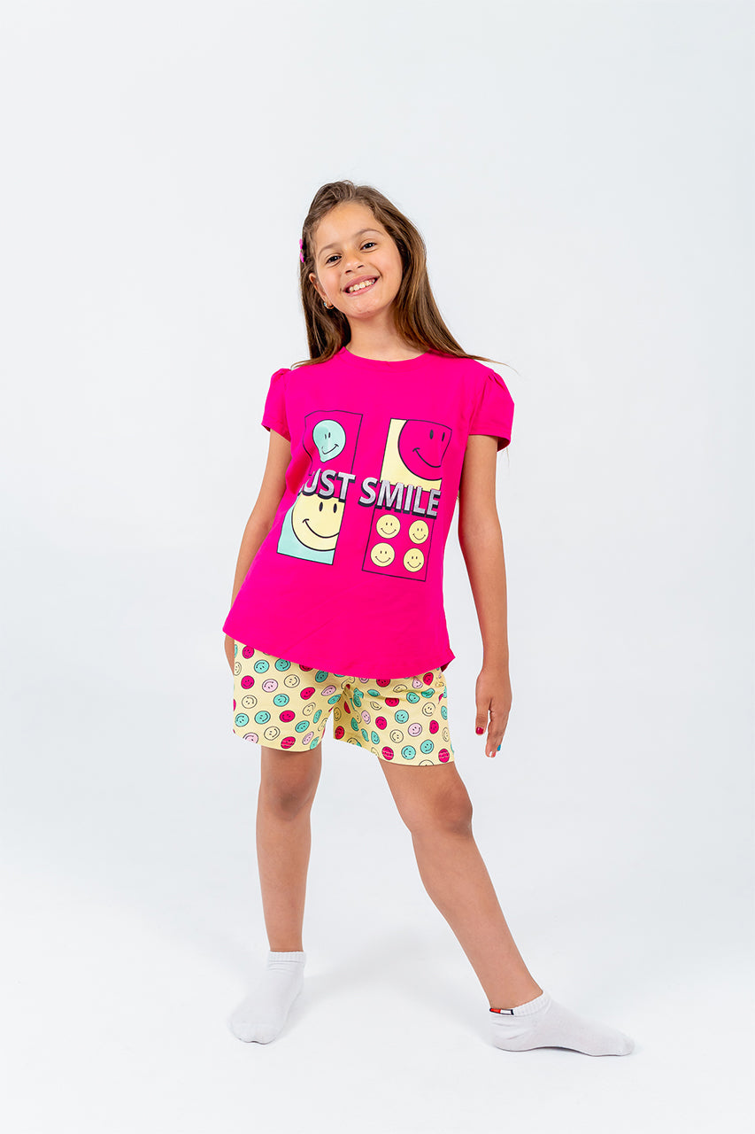 Girls cotton short pajamas with just smile printed -fuchsia - front view