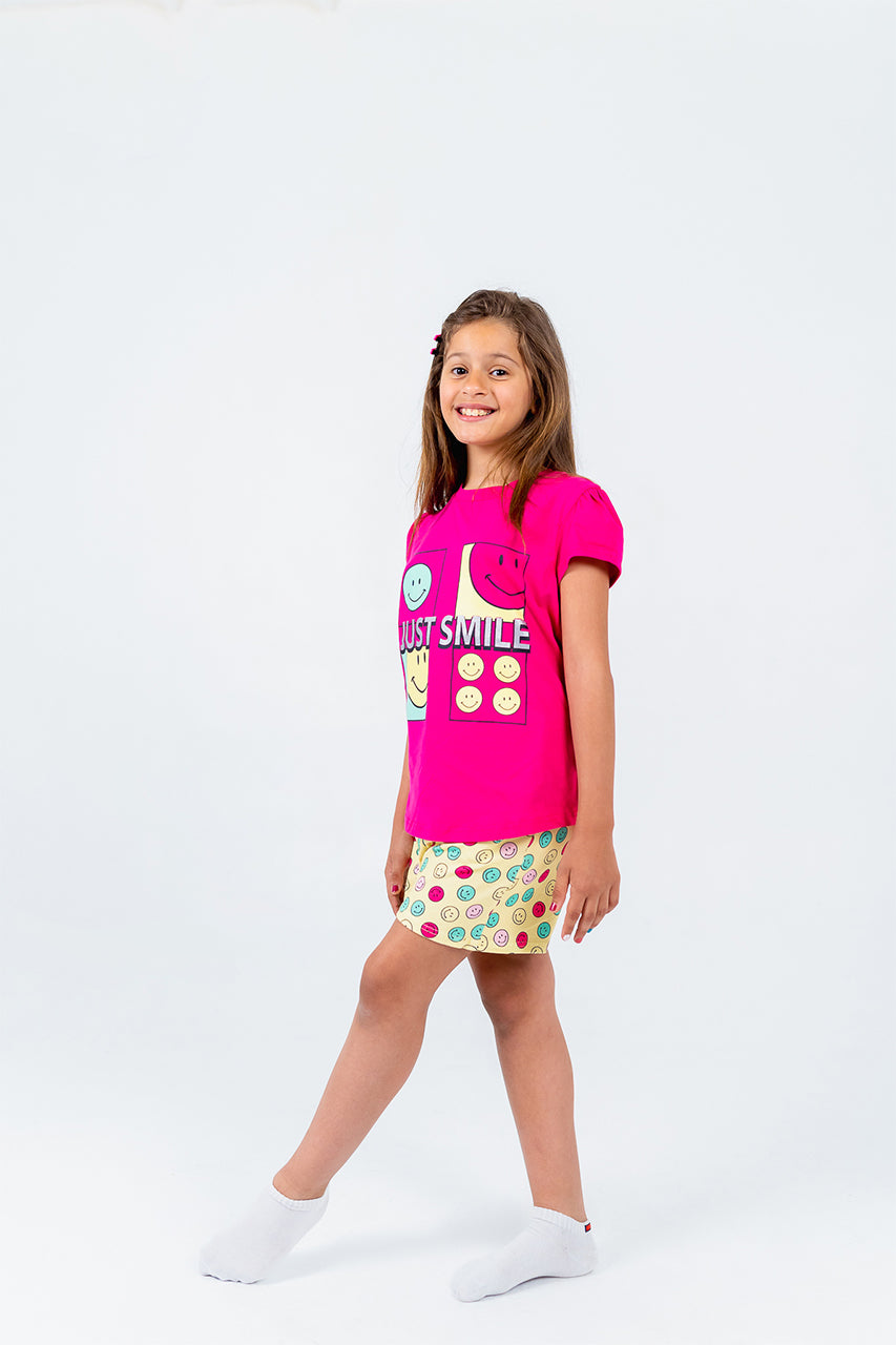 Girls cotton short pajamas with just smile printed -fuchsia - side view