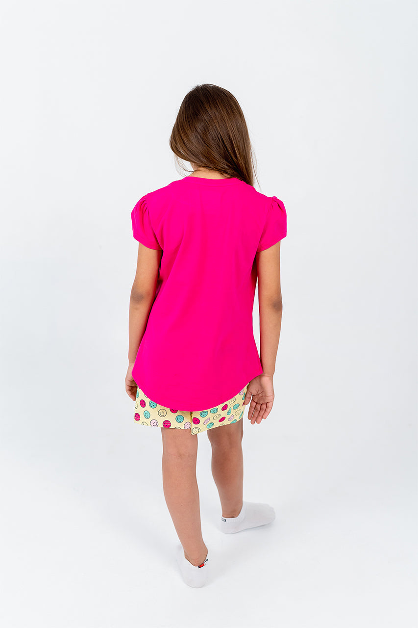Girls cotton short pajamas with just smile printed -fuchsia - back view