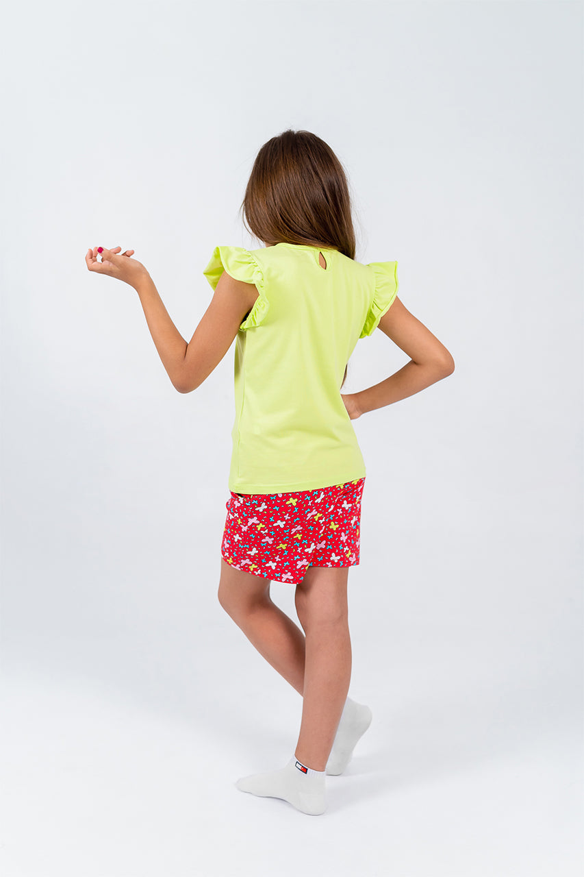 Girls cotton Short pajamas with light green butterfly printed - back view