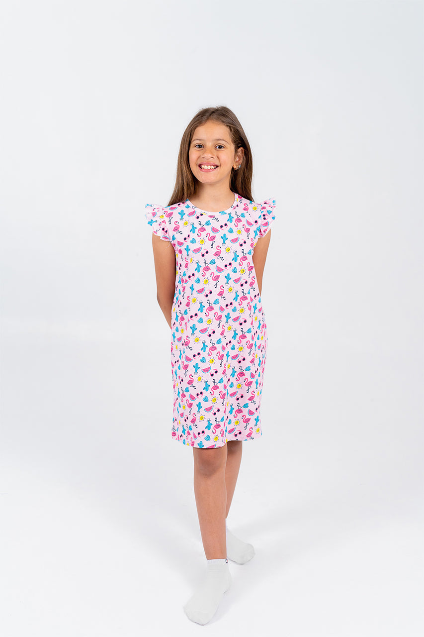 Matching cotton night dress for girls and women - flamingo allover