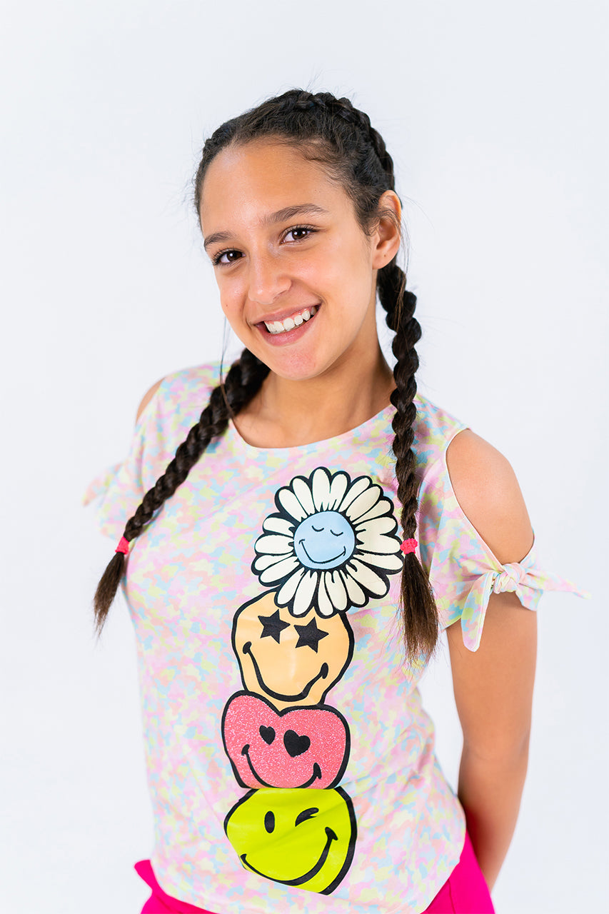 Girls off shoulder t-shirt with smile & flower printed - zoom in