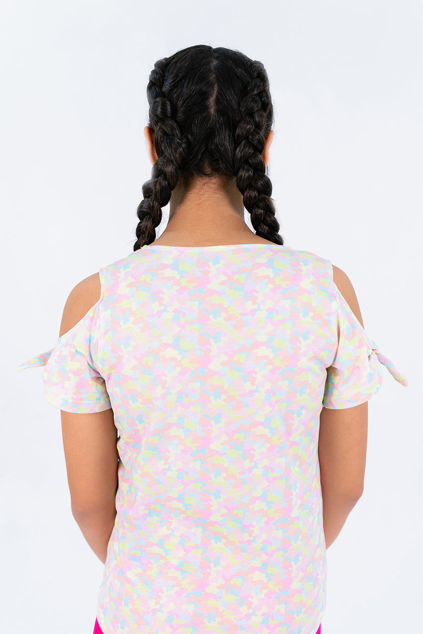 Girls off shoulder t-shirt with smile & flower printed - back view