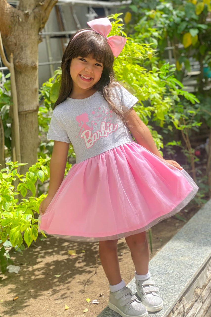 Girls' puffy dress with Barbie printed - Pink - front view