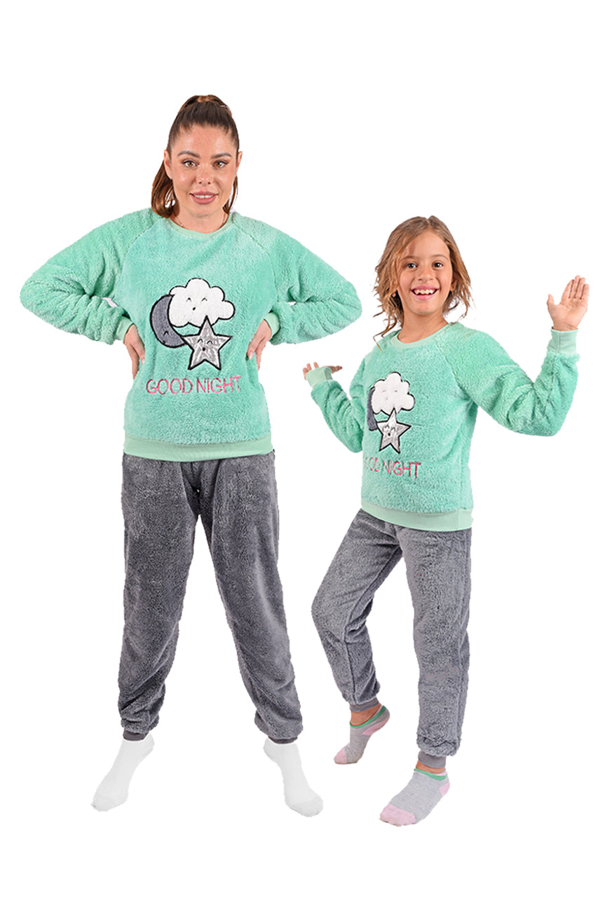 Winter Mommy and girls' fur pajamas with a Good Night design