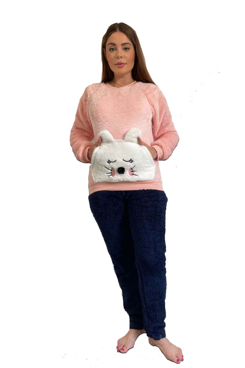 Winter Mommy's fur pajamas with a Sleepy Bunny design- front