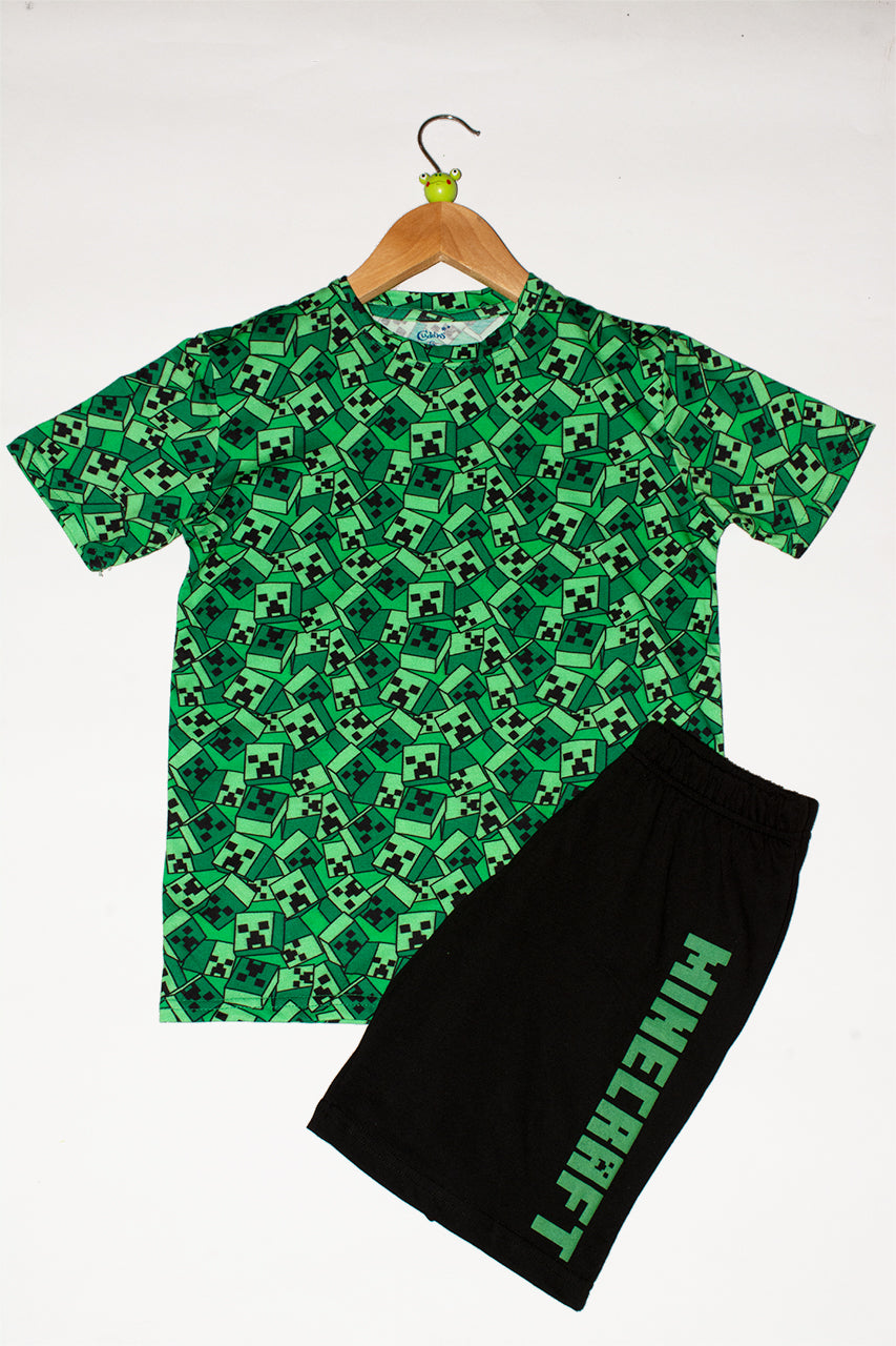 Boys cotton short pajamas with minecraft green- 2 pieces