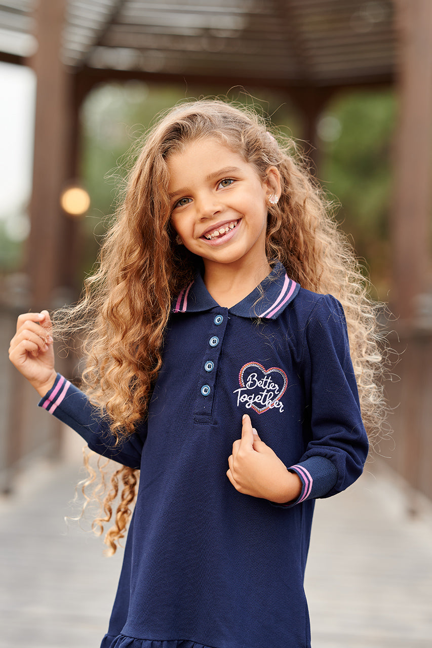 Girls Winter Navy polo dress  with 'Better Together' Print - focus view