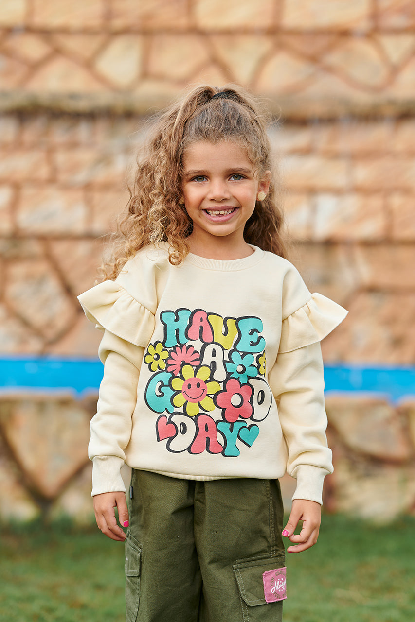 Girls beige Sweatshirt with have a good day Printed