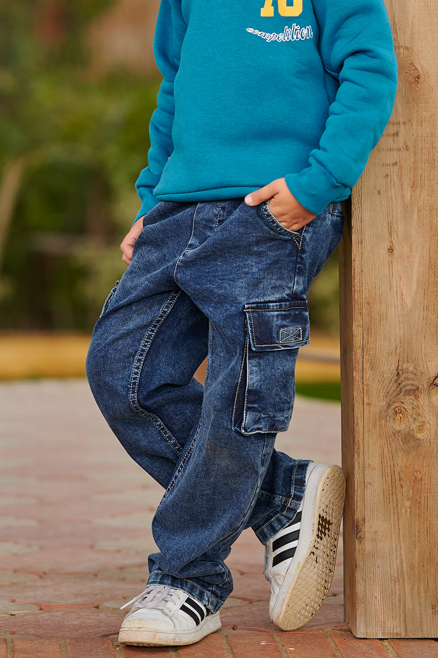 Boys' cargo jeans pants with flap pocket on both sides