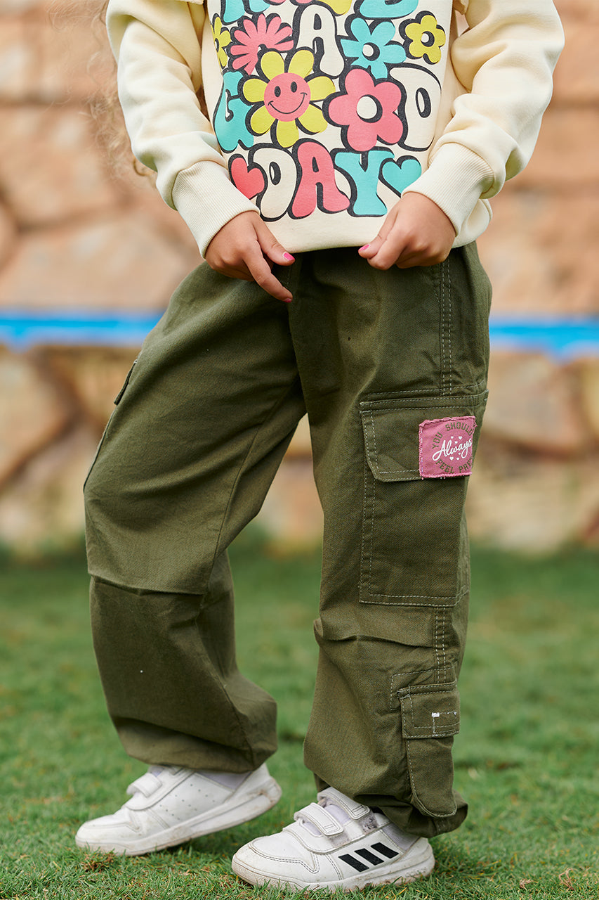 Girls Cargo Gabardine Pants with 'Feel Pretty' printed - Olive