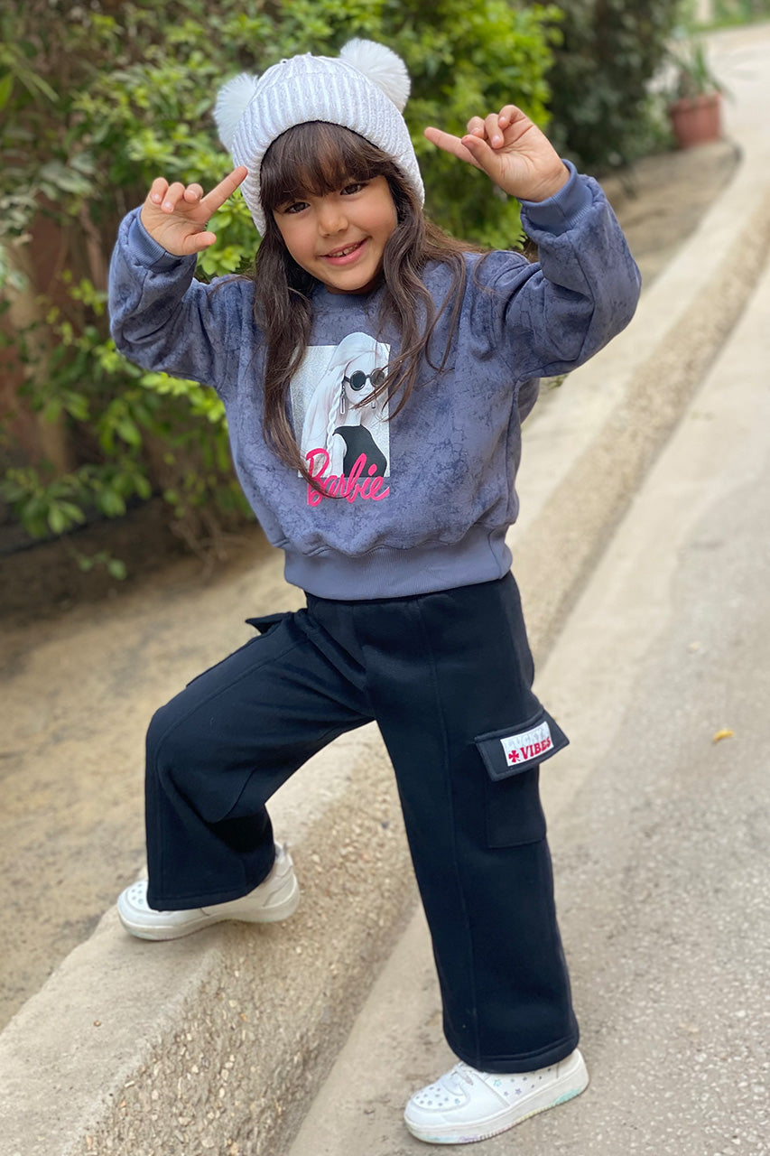 Girls Melton Sweatshirt with Barbie printed and text design - Gray