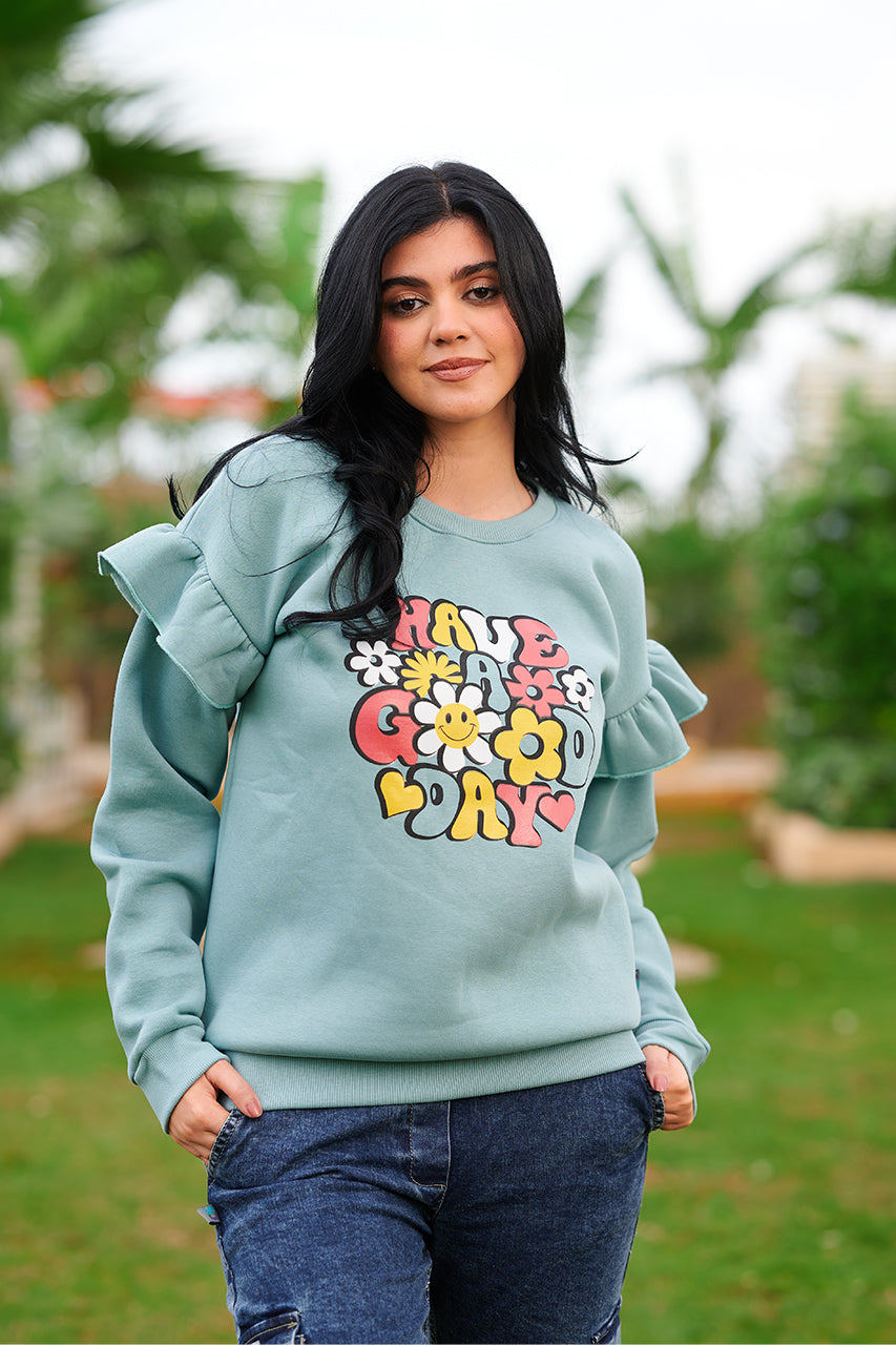 Girls dark mint Sweatshirt with have a good day Printed