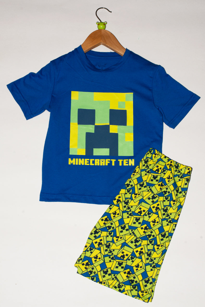Boys cotton short pajamas with minecraft blue- 2 pieces