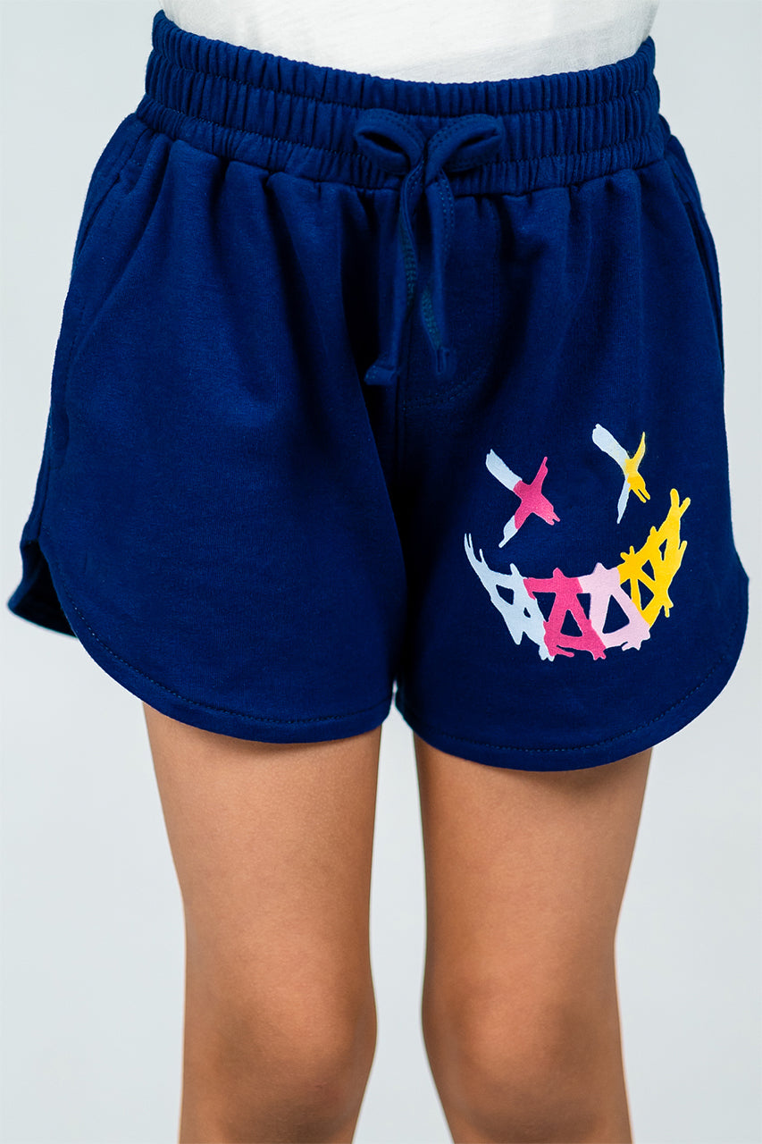 Girl Cotton Mini Short with Elasticated Waist - monster face - front view - zoom in