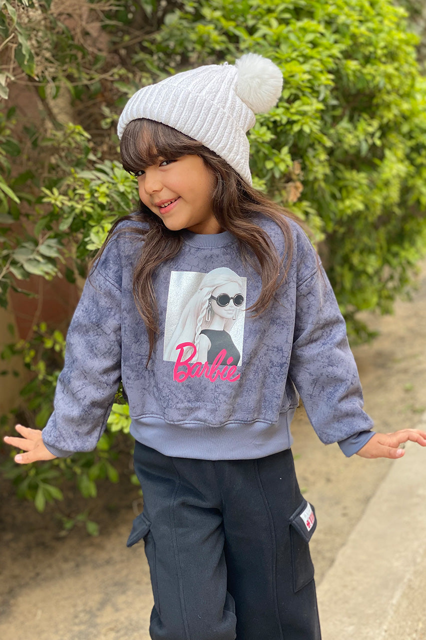 Girls Melton Sweatshirt with Barbie printed and text design - Gray