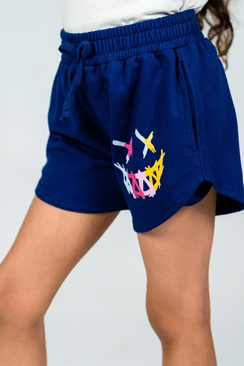 Girl Cotton Mini Short with Elasticated Waist - monster face - front view- zoom in