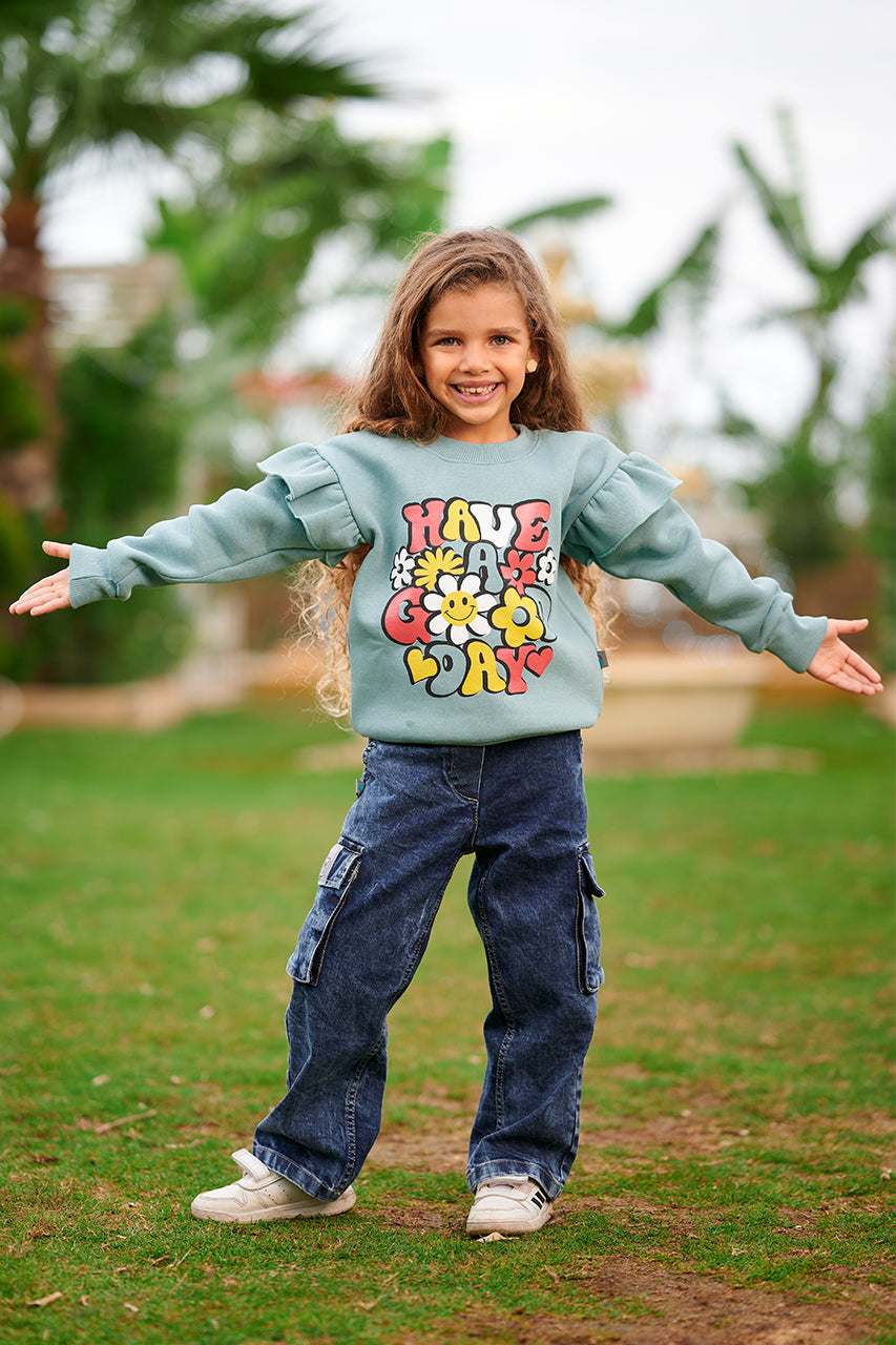 Girls dark mint Sweatshirt with have a good day Printed