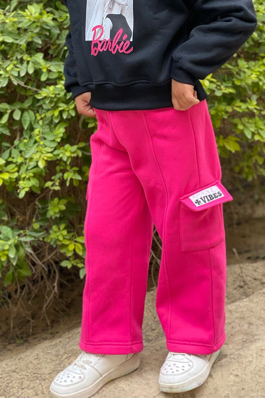 Girls Wide Leg Pants with Large Side Pockets - Fuchsia