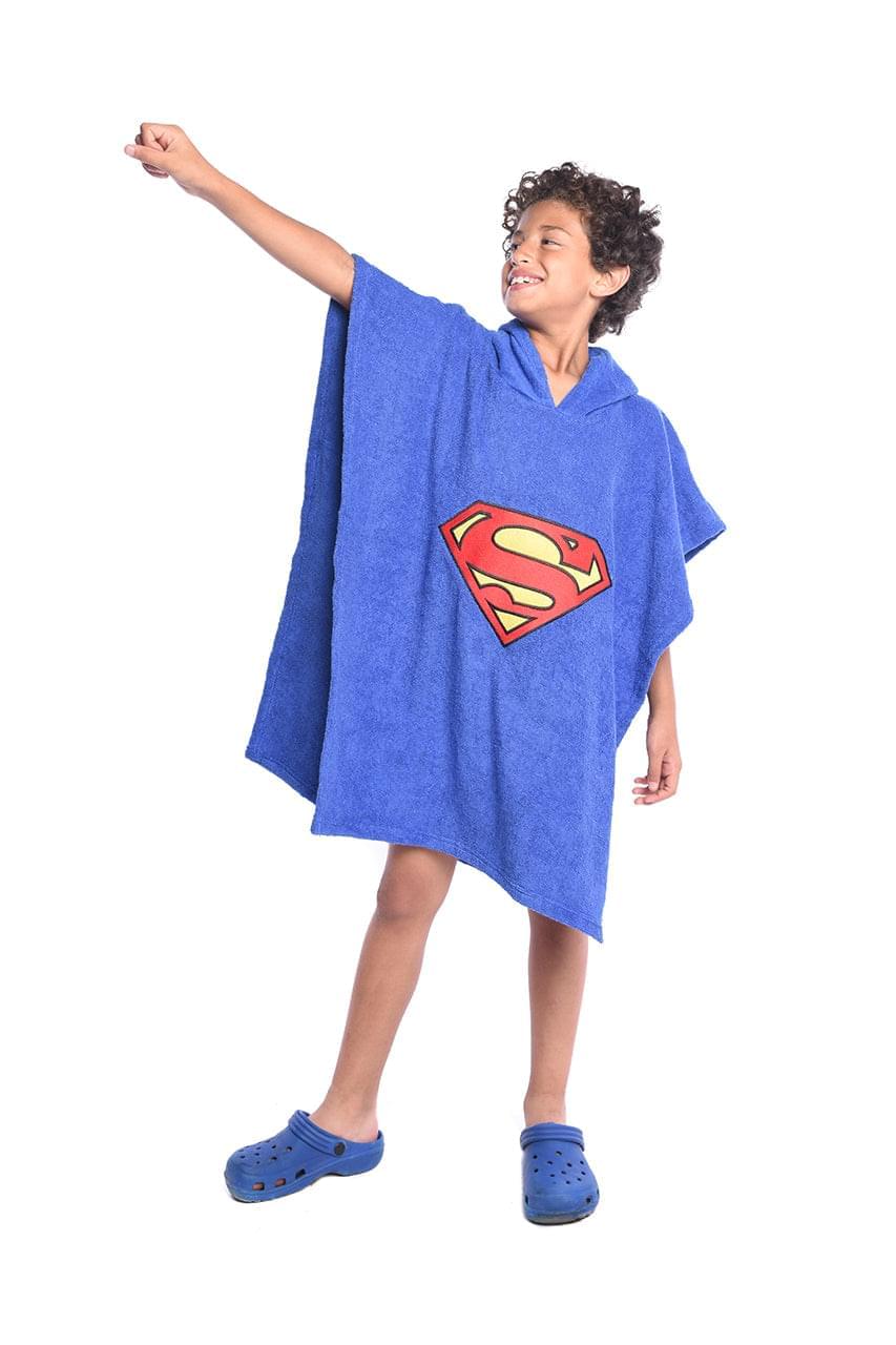 Boy's Blue Towel poncho with Superman design- front view