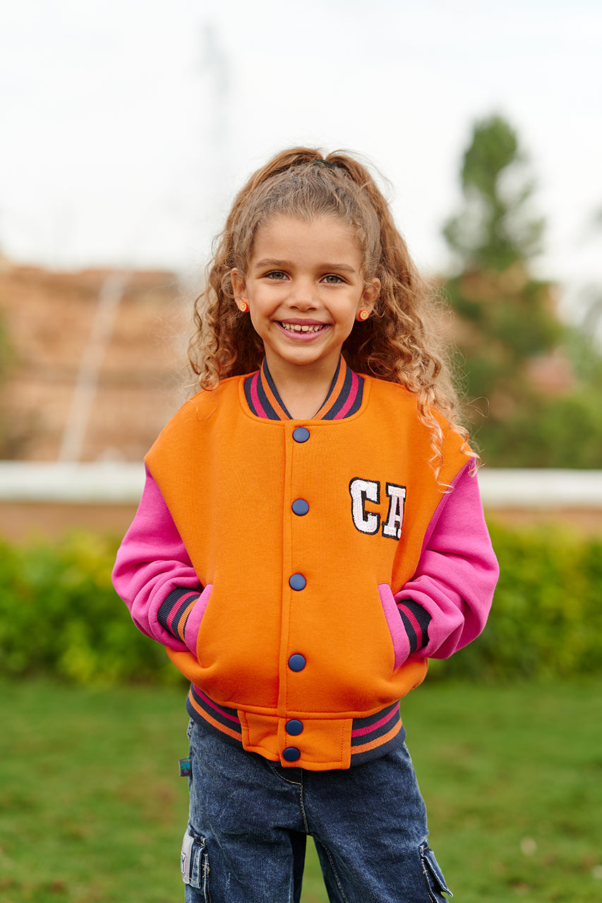 Girls & Mommy matching Orange Baseball jacket with Pockets