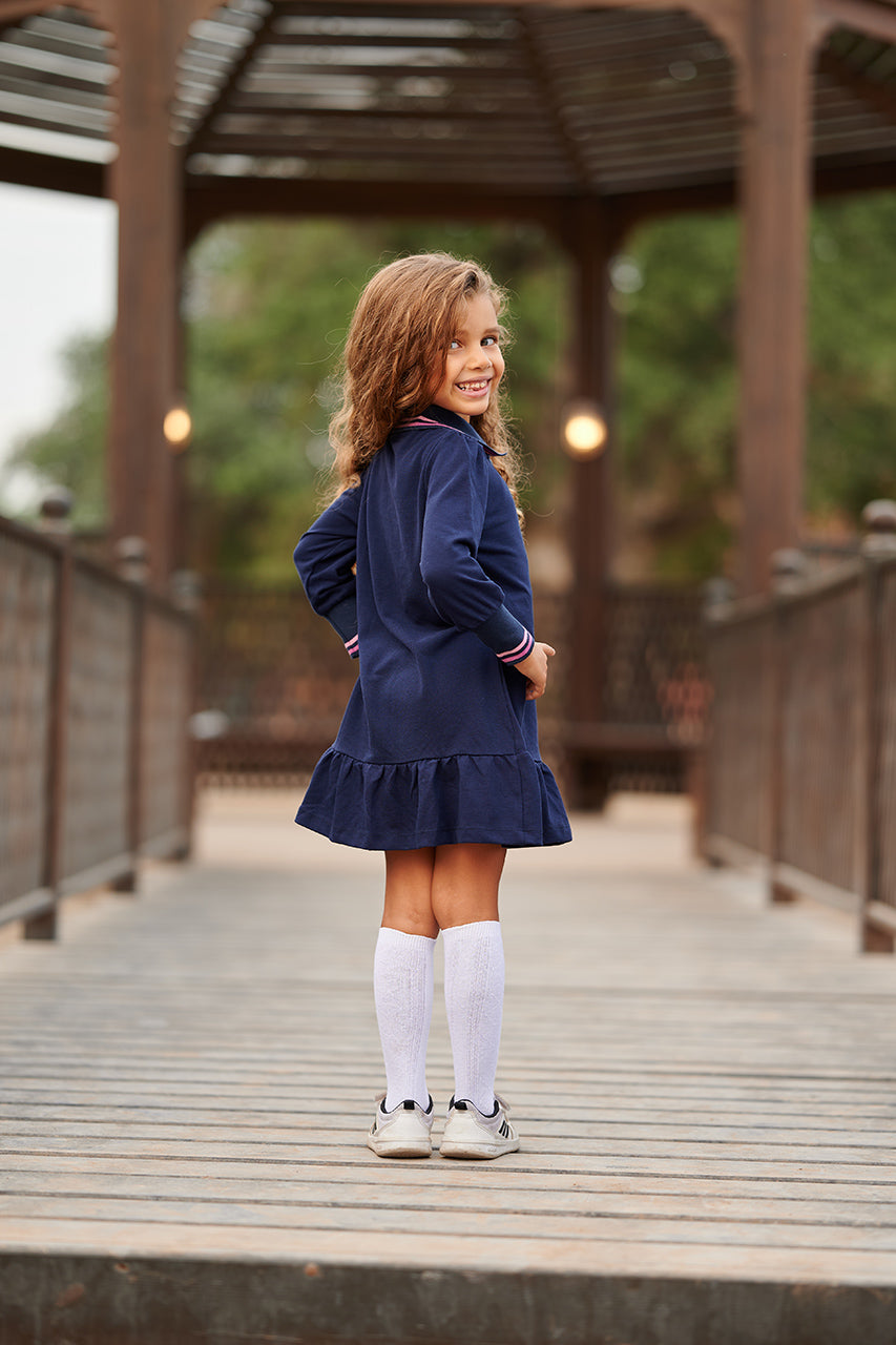 Girls Winter Navy polo dress  with 'Better Together' Print - back view