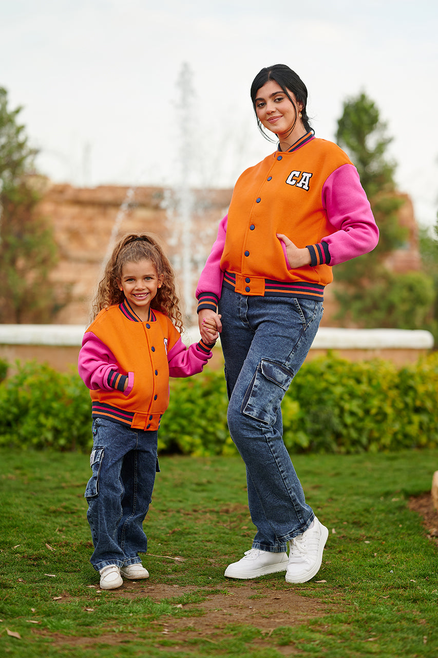 Girls & Mommy matching Orange Baseball jacket with Pockets