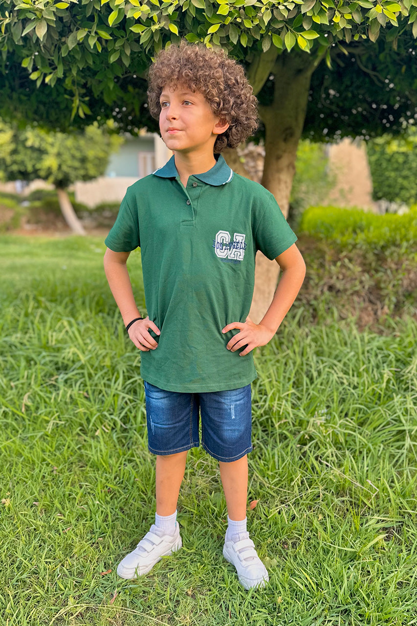 Boys cotton polo t-shirt - Olive and dark short jeans