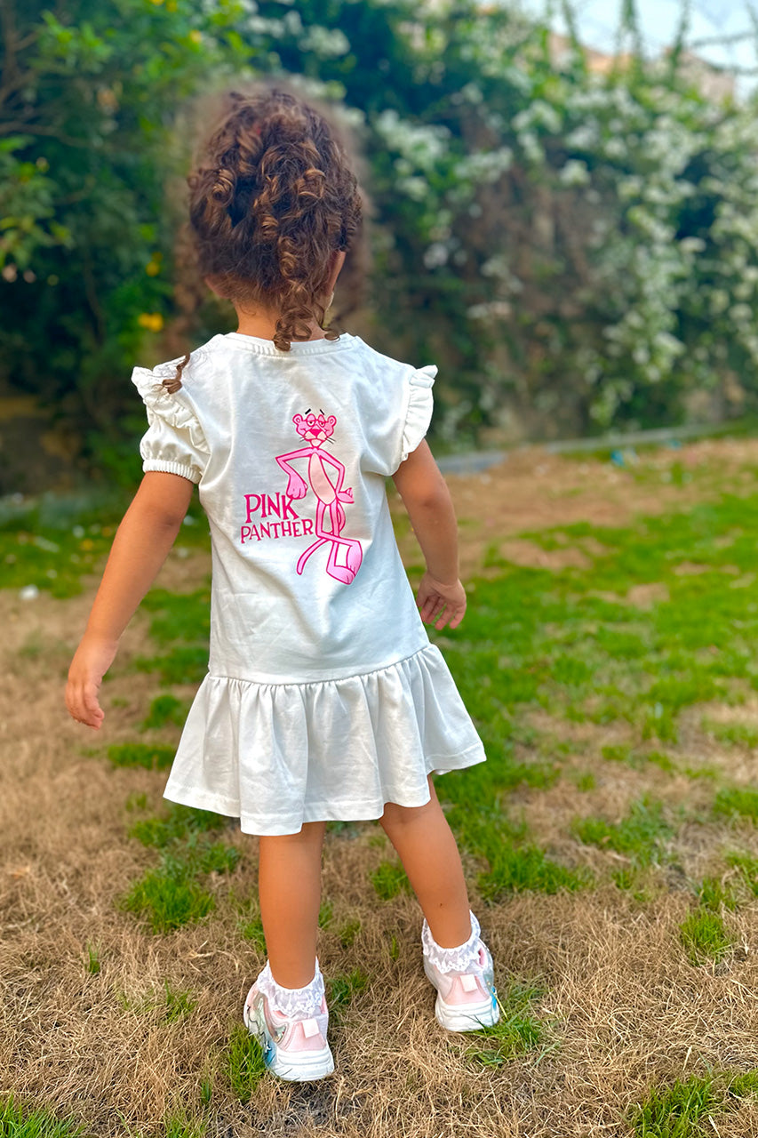 Girls' Cotton dress - Pink Panther - White - back view