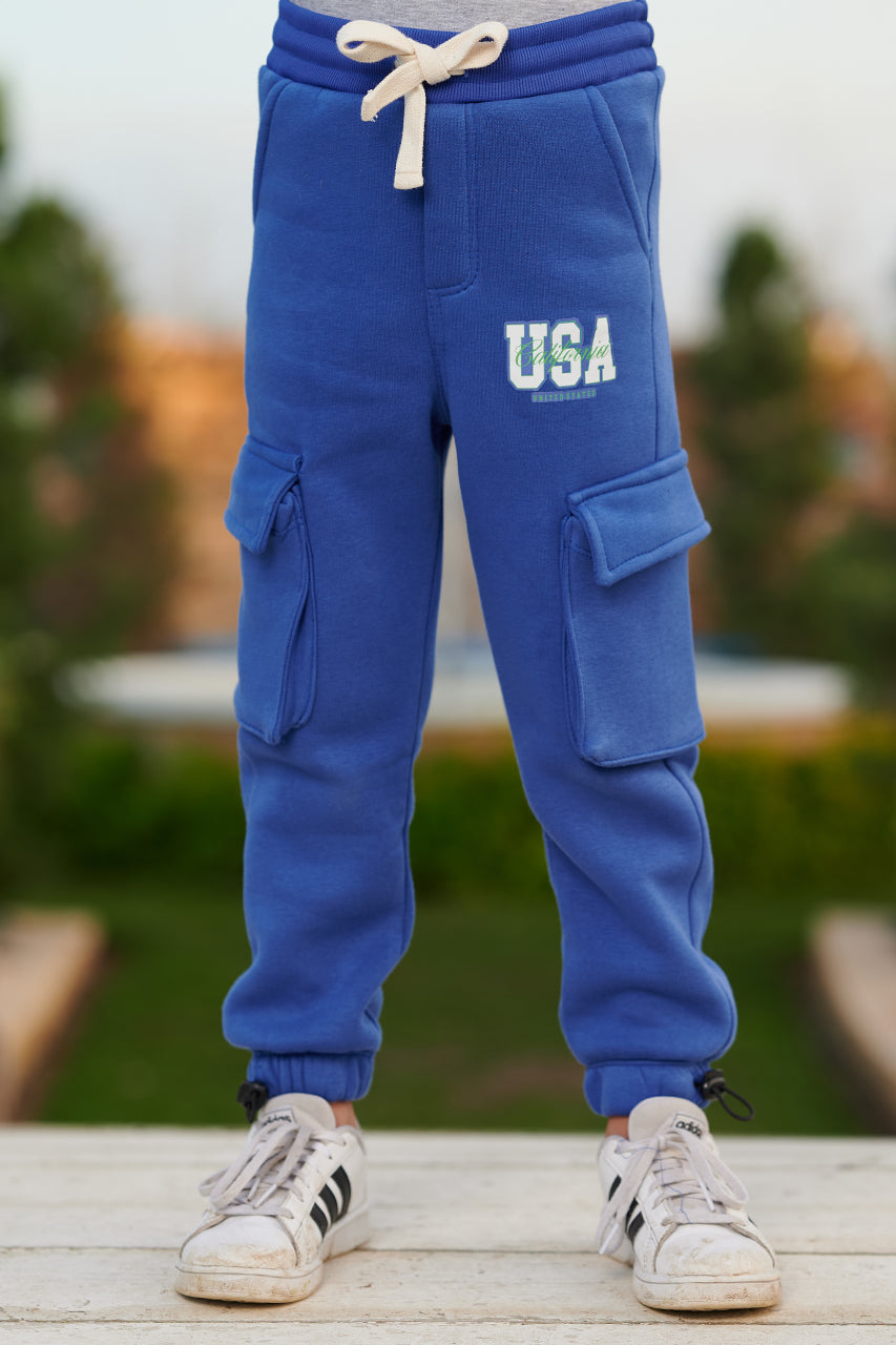 Boys' Cargo Sweatpants with USA Print - Royal Blue - Melton