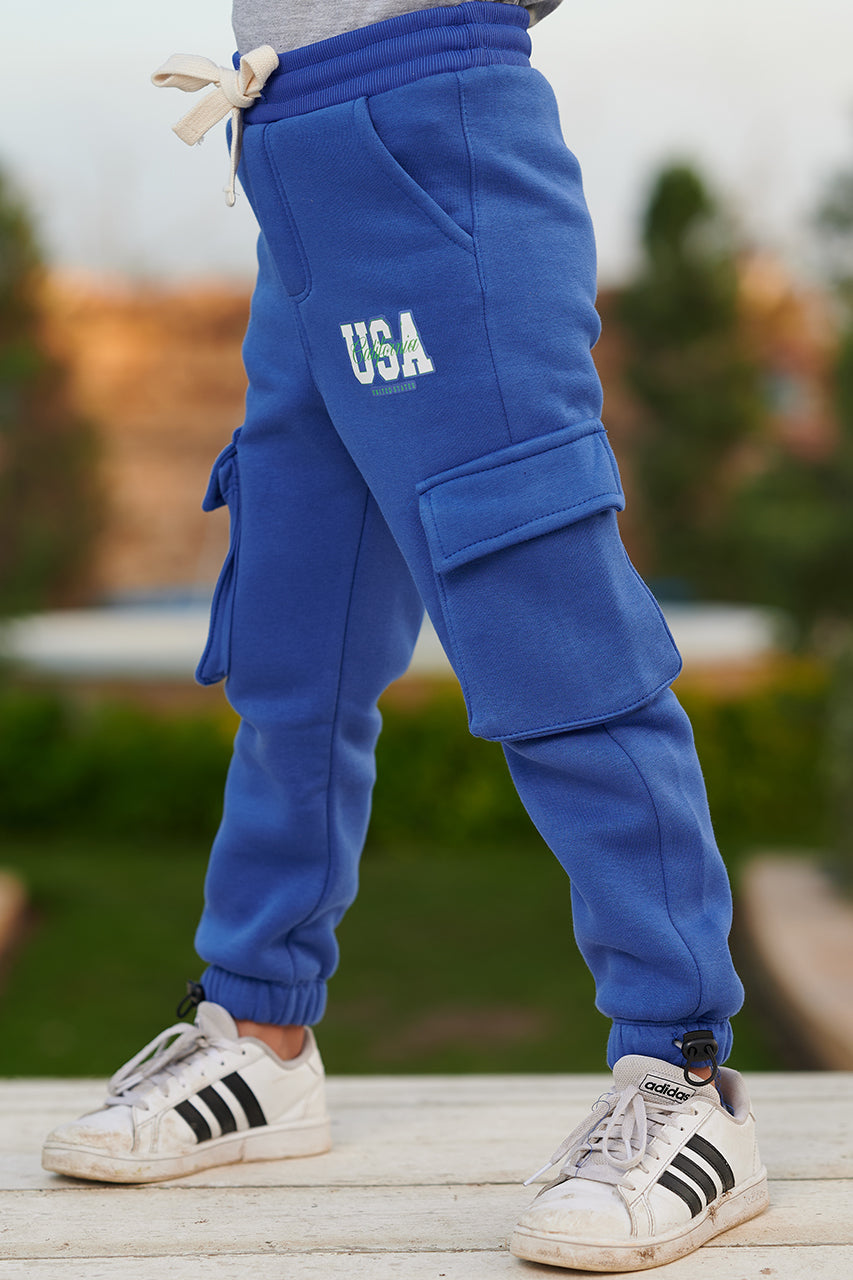 Boys' Cargo Sweatpants with USA Print - Royal Blue - Melton