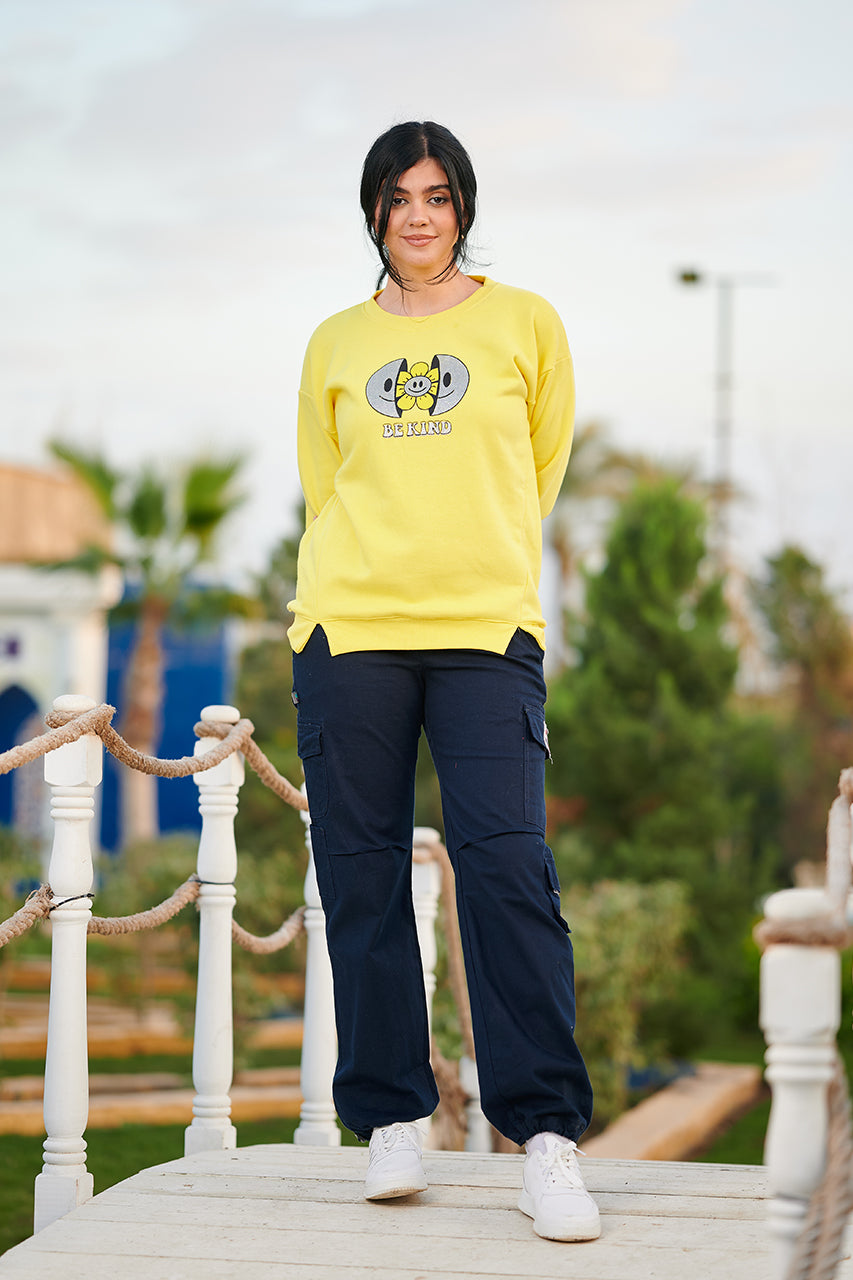 Girls yellow crew neck Sweatshirt with Be Kind Printed