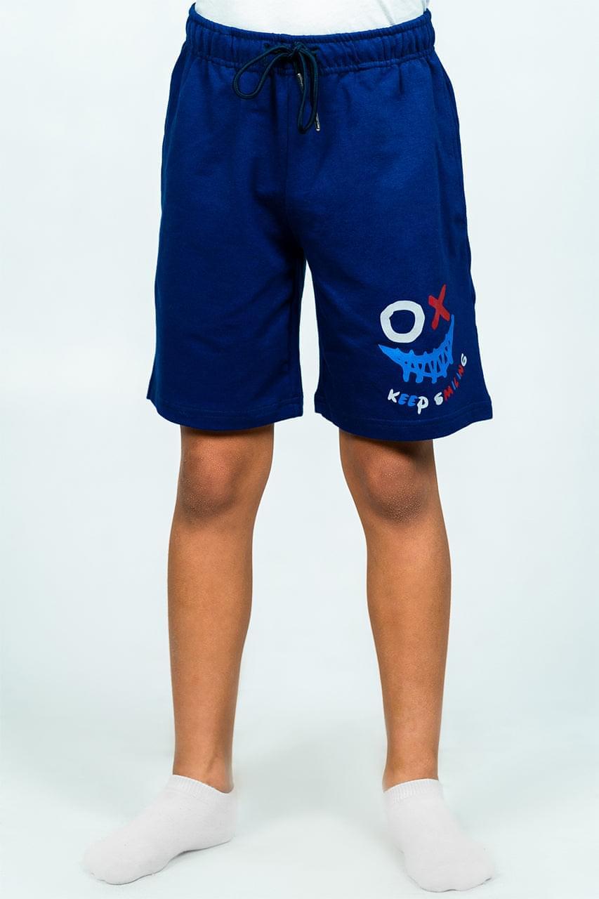 Boy's Milton Short with a drawstring and a keep smiling print - blue - front view