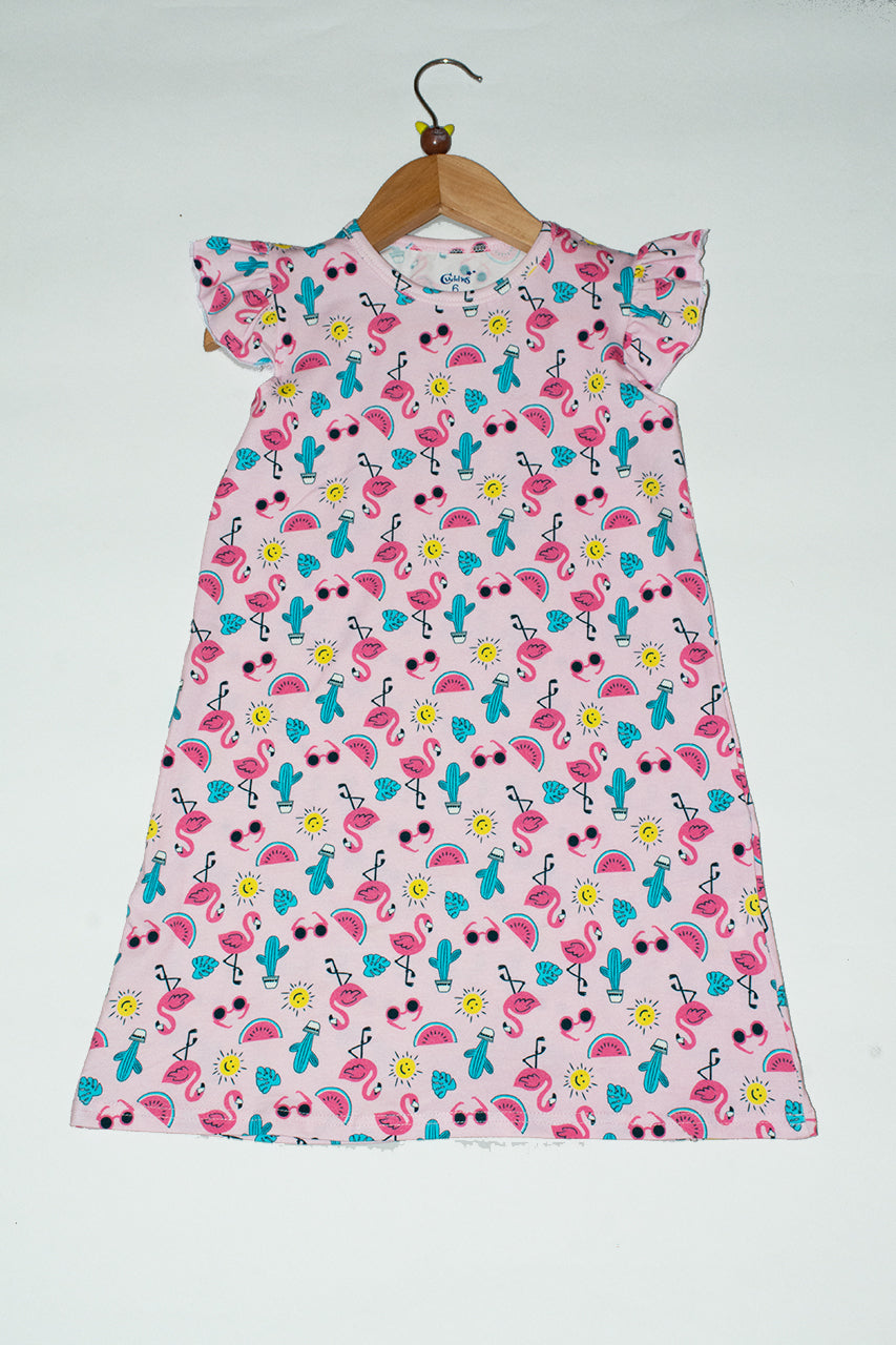 Matching cotton night dress for girls and women - flamingo allover