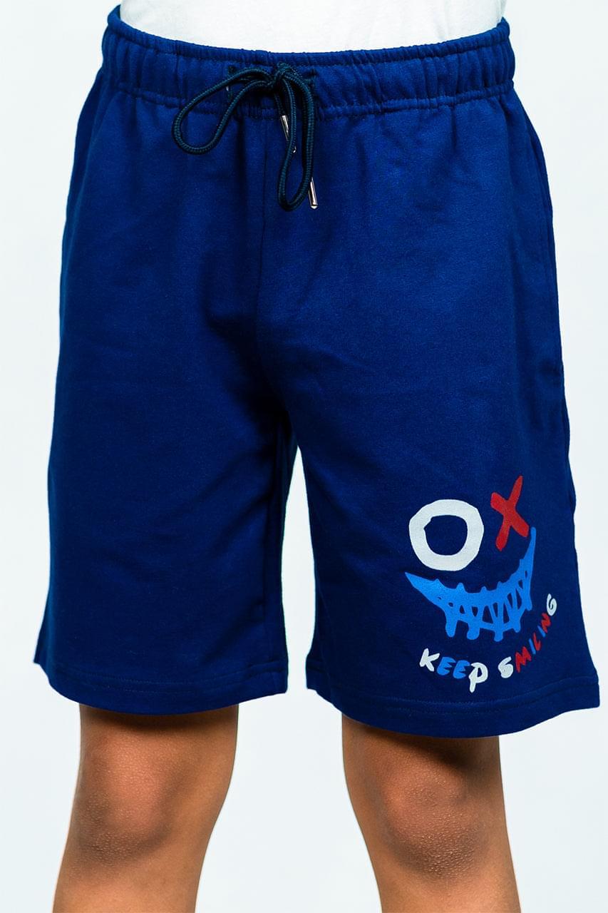 Boy's Milton Short with a drawstring and a keep smiling print - blue - front view