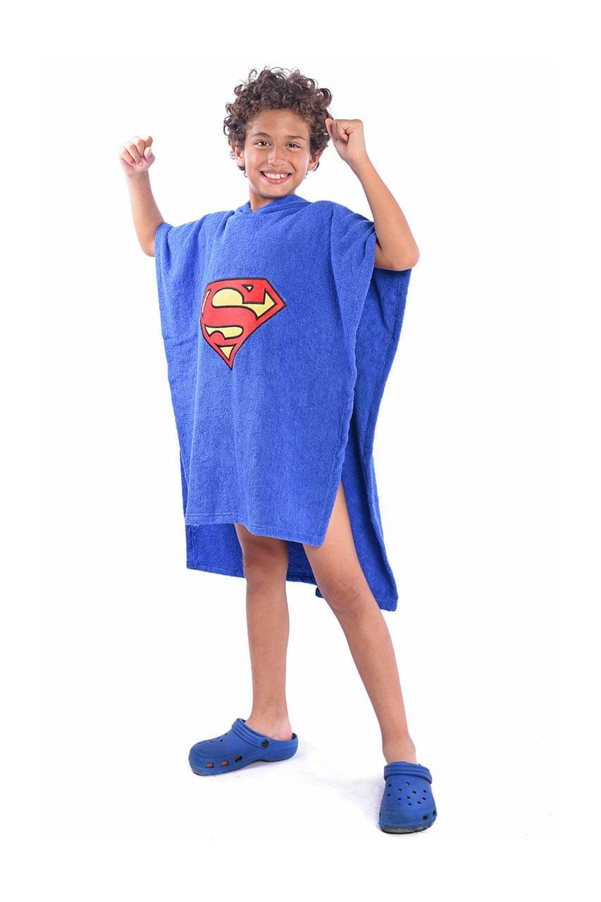 Boy's Blue Towel poncho with Superman design - side view