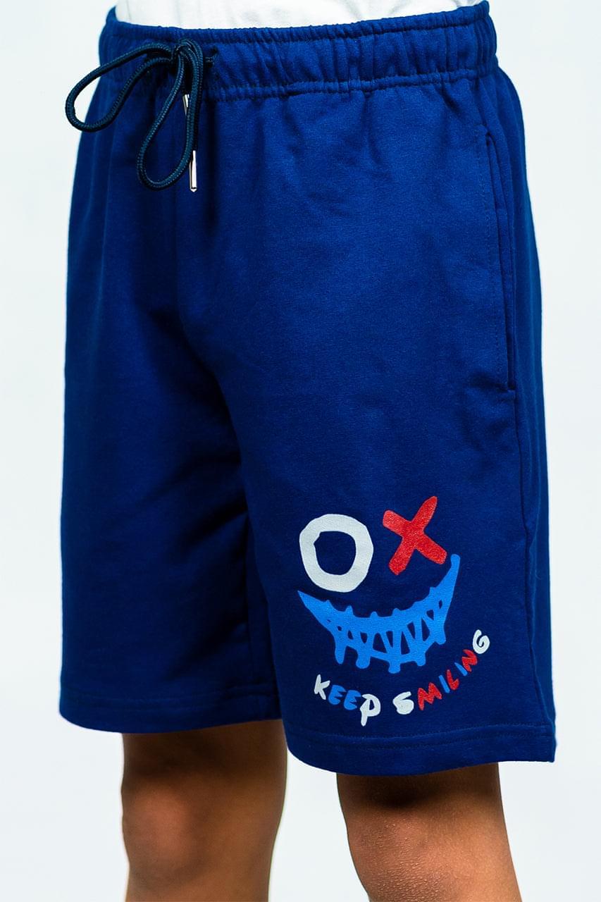 Boy's Milton Short with a drawstring and a keep smiling print - blue - side view