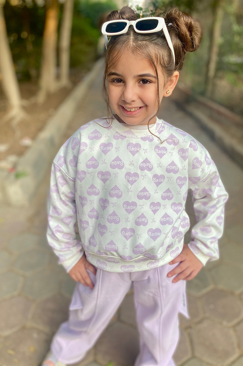 Girls Melton Sweatshirt with hearts allover with Barbie text design - Lavender