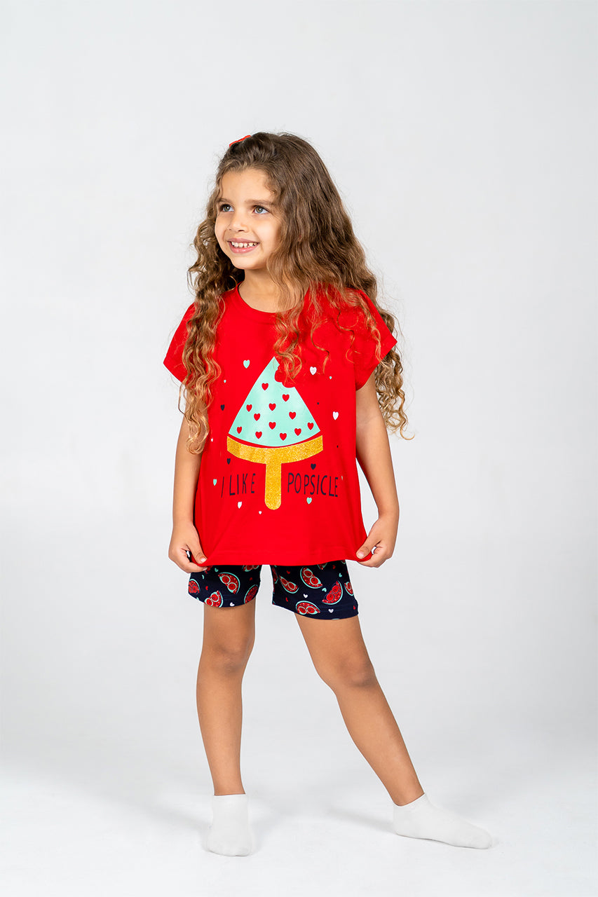 Girls short pajamas Cotton & short sleeves - Watermelon red - 2 front view