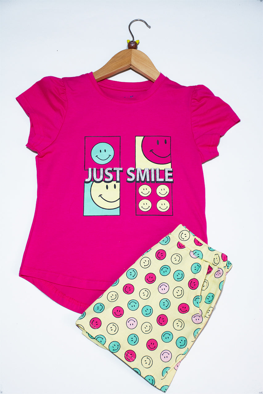 Girls Short pajamas with just smile printed -fuchsia - 2 pieces