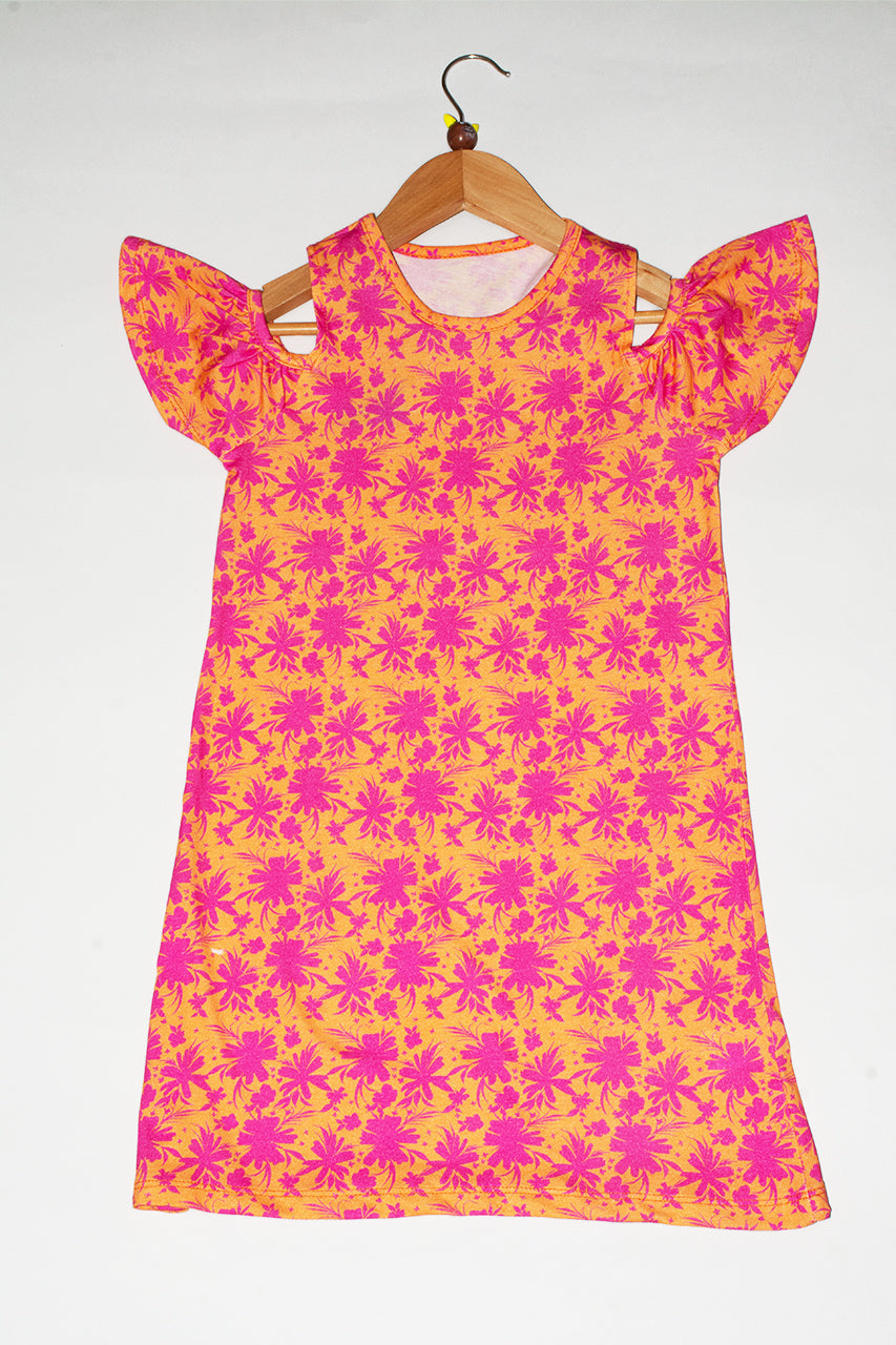 Girl's Cotton Dress with flower fuchsia printed