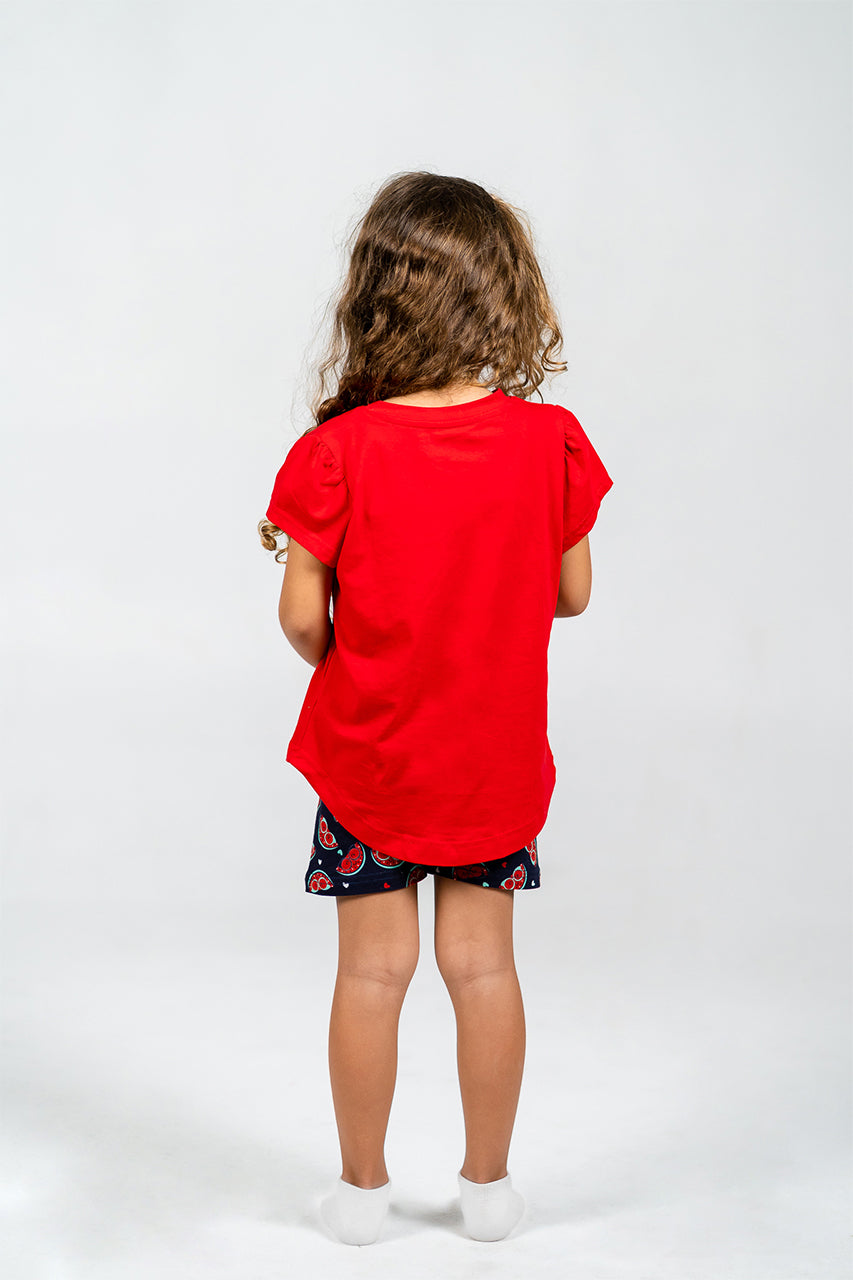 Girls short pajamas Cotton & short sleeves - Watermelon red - back view