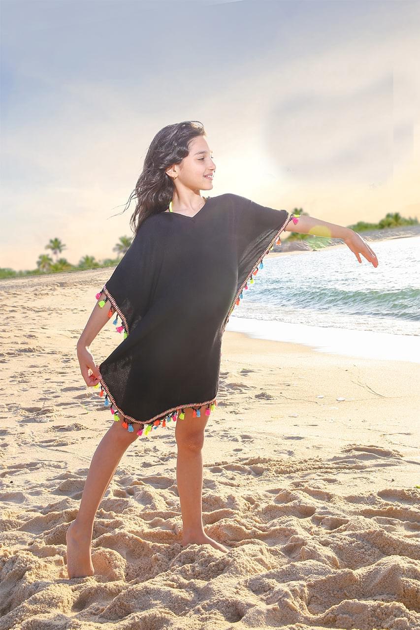 Beach cover up for girl - Black with multicolor