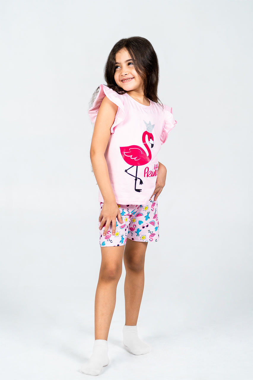 Girls short pajamas Cotton & short sleeves - Little flamingo - side view